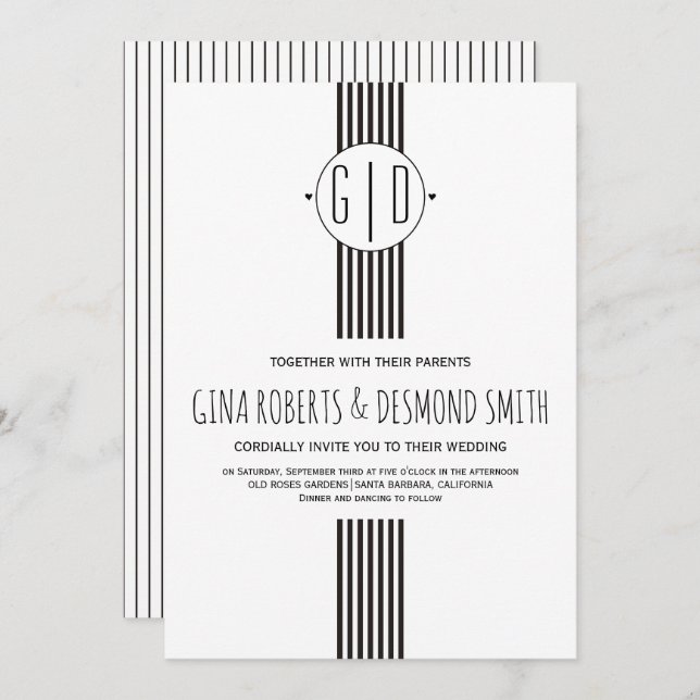 Black white stripes, monogram wedding invitation (Front/Back)