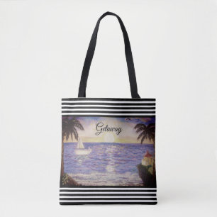 Black White Stripes & Ocean Beach Landscape Tote Bag