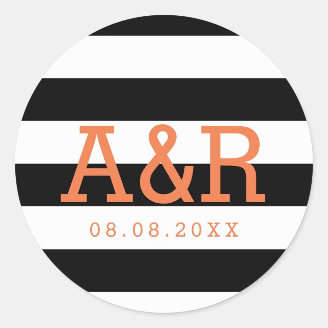 Black & White Stripes | Orange Monogram & Date Classic Round Sticker (Front)