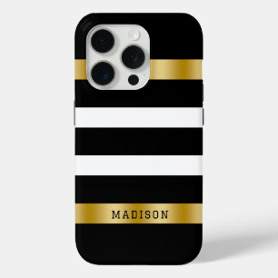 Black & white stripes pattern gold accents accent iPhone 15 pro case