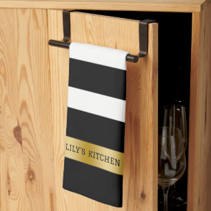 Black & white stripes pattern gold accents accent tea towel