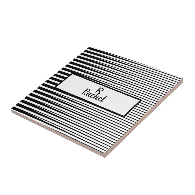 Black White Stripes Patterns Abstract Monograms Tile (Side)