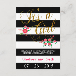 Black & White Stripes Pink Floral Baby Shower Invitation
