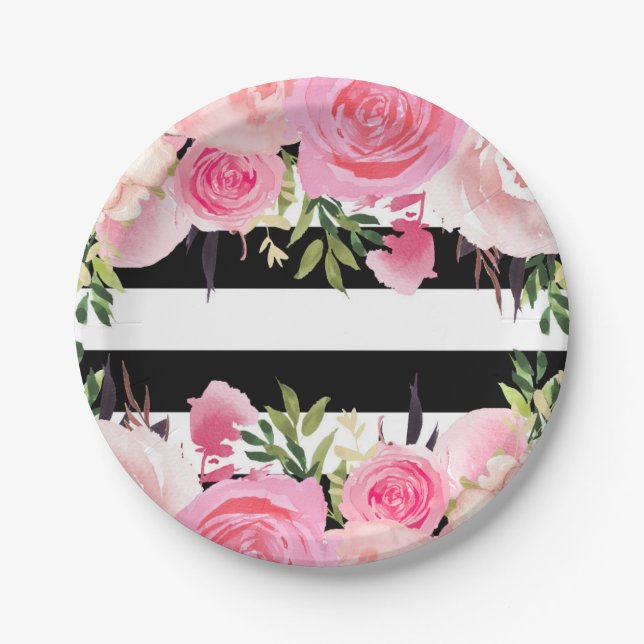 Black White Stripes Pink Floral Bridal Shower Paper Plate (Front)