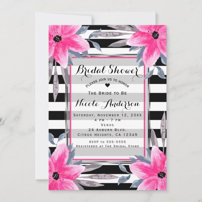 Black & White Stripes Pink Floral Modern Botanical Invitation (Front)