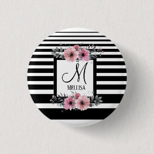 Black & White Stripes Pink Floral Monogram 3 Cm Round Badge