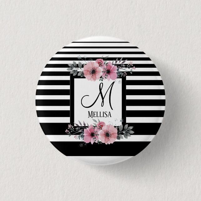 Black & White Stripes Pink Floral Monogram 3 Cm Round Badge (Front)