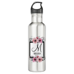 Black & White Stripes Pink Floral Monogram 710 Ml Water Bottle