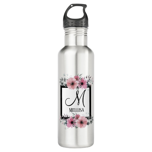 Black & White Stripes Pink Floral Monogram 710 Ml Water Bottle (Front)