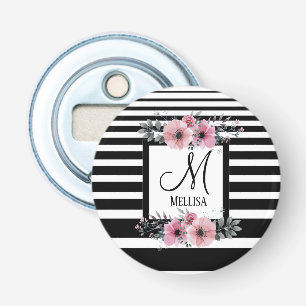 Black & White Stripes Pink Floral Monogram Bottle Opener