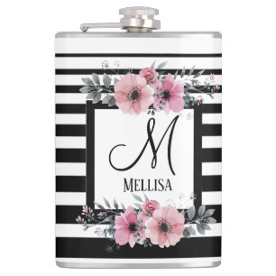 Black & White Stripes Pink Floral Monogram Hip Flask