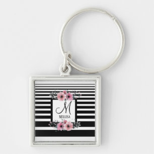Black & White Stripes Pink Floral Monogram Key Ring