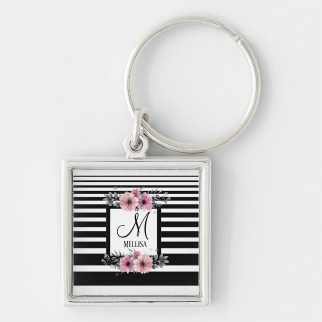 Black & White Stripes Pink Floral Monogram Key Ring (Front)