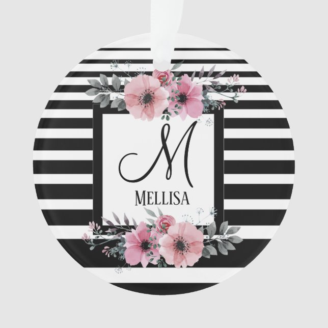 Black & White Stripes Pink Floral Monogram Ornament (Front)