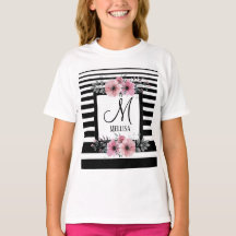 Black & White Stripes Pink Floral Monogram