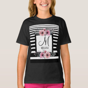 Black & White Stripes Pink Floral Monogram T-Shirt