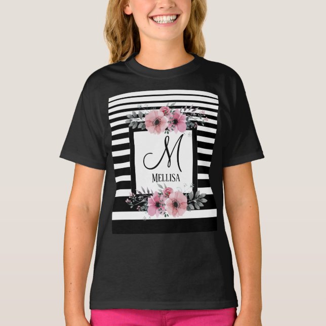 Black & White Stripes Pink Floral Monogram T-Shirt (Front)