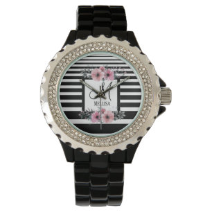 Black & White Stripes Pink Floral Monogram Watch