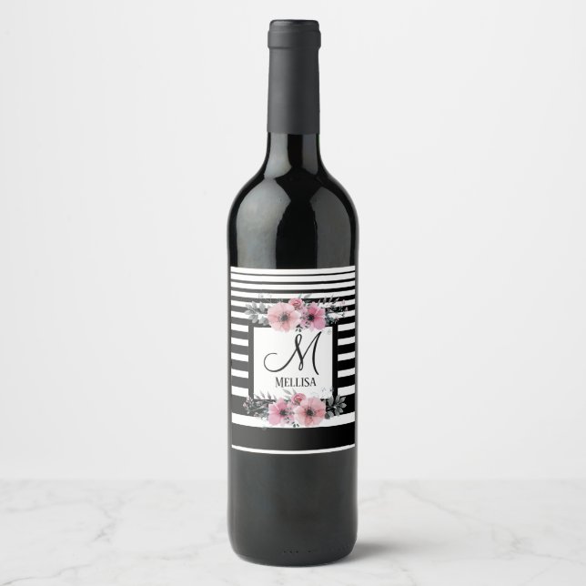 Black & White Stripes Pink Floral Monogram Wine Label (Front)
