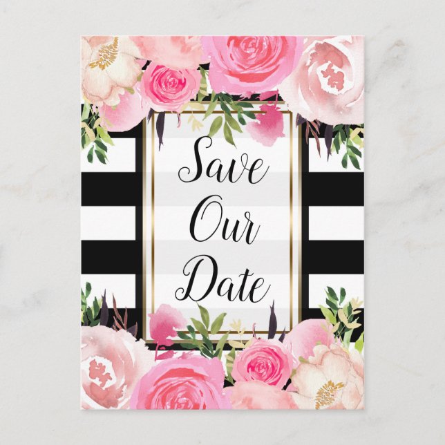 Black White Stripes Pink Floral Save The Date Announcement Postcard (Front)