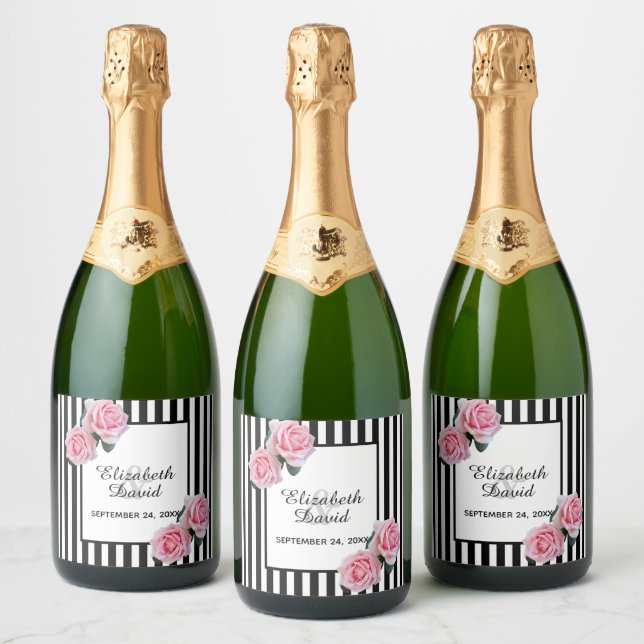 Black white stripes pink flowers rose wedding sparkling wine label (Bottles)