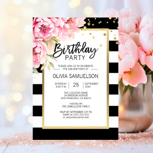 Black White Stripes Pink Peonies Birthday Party Invitation