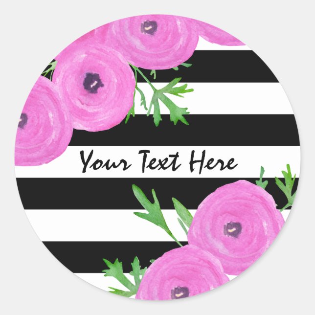 Black White Stripes Pink Ranunculus Floral Classic Round Sticker (Front)