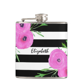 Black White Stripes Pink Ranunculus Floral Hip Flask