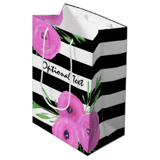 Black White Stripes Pink Ranunculus Floral Medium Gift Bag