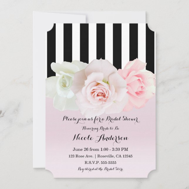 Black & White Stripes Pink Roses Bridal Shower Invitation (Front)