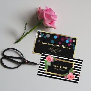 Black & White Stripes Pink Roses Lights Florist Business Card