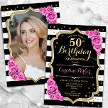 Black White Stripes Pink Roses Photo 50th Birthday Invitation<br><div class="desc">Elegant floral feminine 50th birthday invitation with your photo at the back of the card. Glam black white pink design with faux glitter gold. Features black and white stripes, blush pink roses, script font and confetti. Perfect for a stylish adult bday celebration party. Personalise with your own details. Can be...</div>