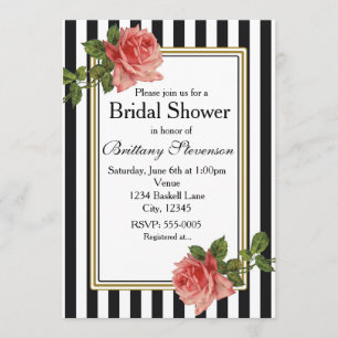 Black White Stripes Pink Roses Vintage Invitation