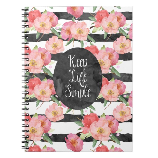 Black White Stripes Pink Watercolor Floral Notebook (Front)