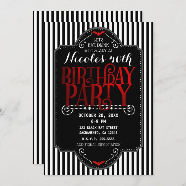 Black White Stripes Red Gothic Bat Birthday Party Invitation (Front/Back)