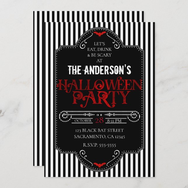 Black White Stripes Red Gothic Halloween Party Invitation (Front/Back)