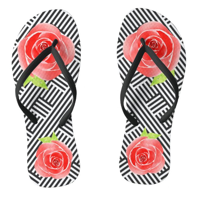 Black White Stripes Red Roses Jandals (Footbed)