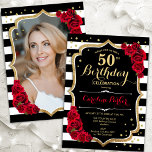 Black White Stripes Red Roses Photo 50th Birthday Invitation<br><div class="desc">Elegant floral feminine 50th birthday invitation with your photo at the back of the card. Glam black white red design with faux glitter gold. Features black and white stripes, red roses, script font and confetti. Perfect for a stylish adult bday celebration party. Personalise with your own details. Can be customised...</div>