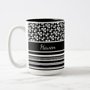 Black & White Stripes & Retro Squares Personalised Two-Tone Coffee Mug