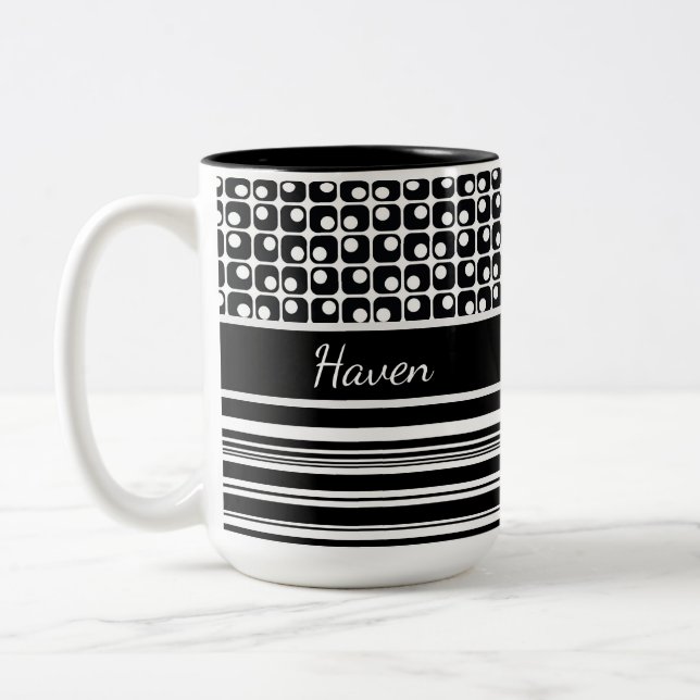 Black & White Stripes & Retro Squares Personalised Two-Tone Coffee Mug (Left)