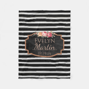 Black White Stripes Rose Gold   Monogrammed Floral Fleece Blanket