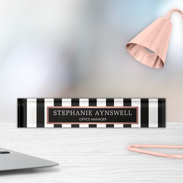 Black White Stripes Rose Gold Personalised Nameplate (Creator Uploaded)