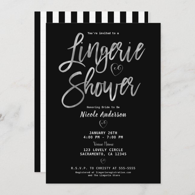 Black White Stripes Rose Gold Pink Lingerie Shower Invitation (Front/Back)