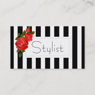 Black & White Stripes, Roses Hair Stylist Business Card