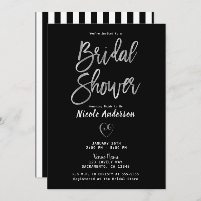 Black White Stripes Silver Chic Bridal Shower   Invitation (Front/Back)
