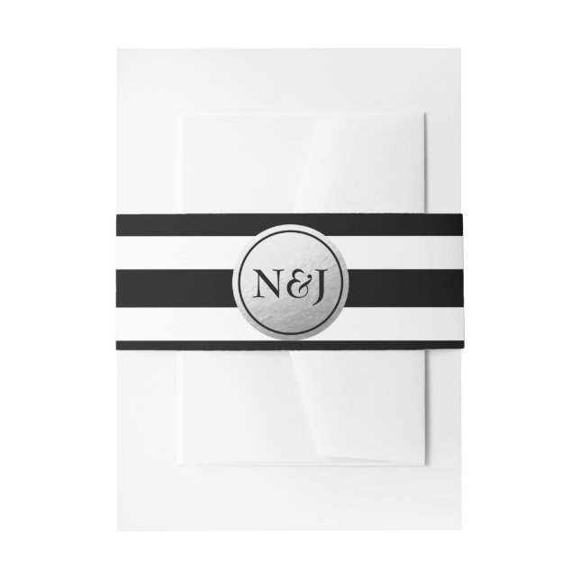 Black & White Stripes Silver Foil Wedding Elegant Invitation Belly Band (Front Example)