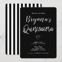 Black & White Stripes Silver Heart 15 Quinceañera