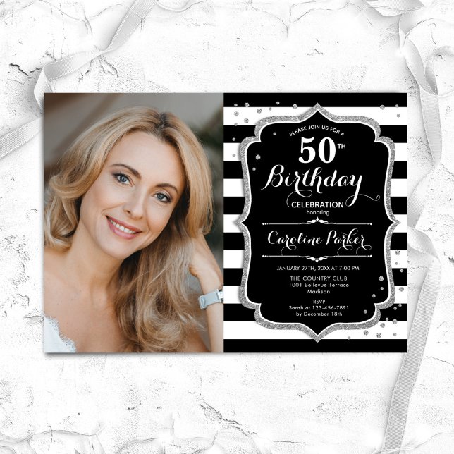 Black White Stripes Silver Photo 50th Birthday Invitation (Creator Uploaded)