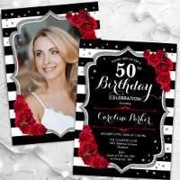 Black White Stripes Silver Red Photo 50th Birthday