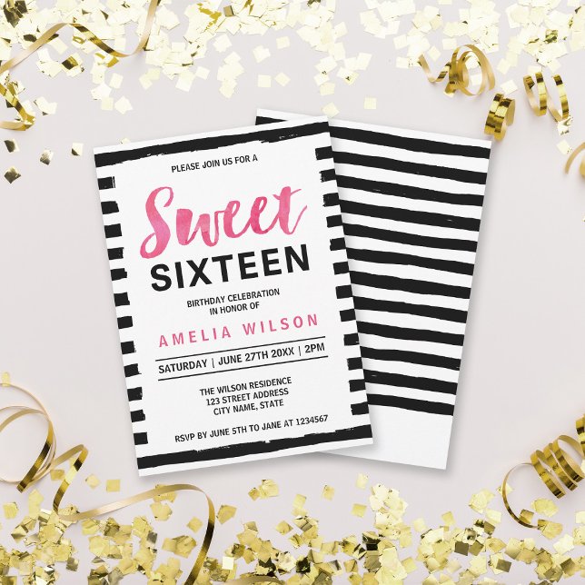 Black & White Stripes Sweet 16 Birthday Invitation (Creator Uploaded)